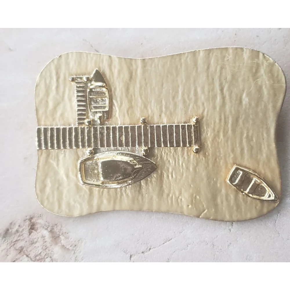 Large brush Gold tone lake boat pier launch brooch pin, oversized, nautical